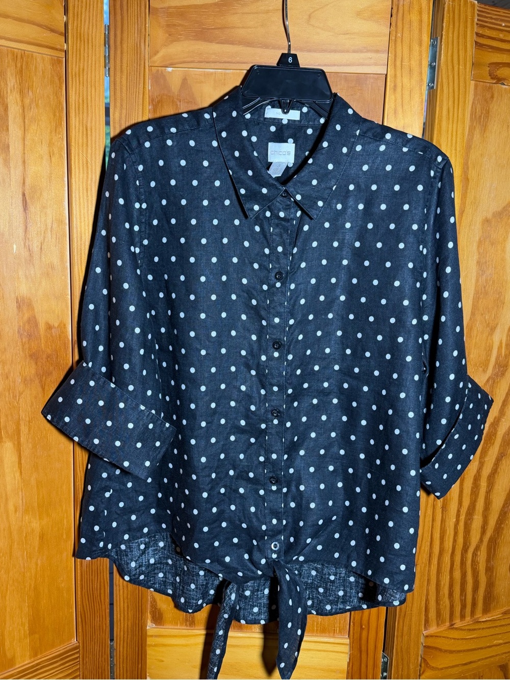 Chico's Black and White Polka Dot 100% Linen Top| Sz 16